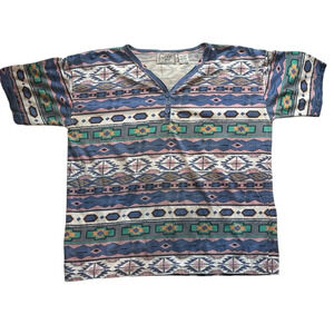 Vintage J.I.T. Sport Aztec Southwestern Geometric Print V-Neck Tee Shirt Medium